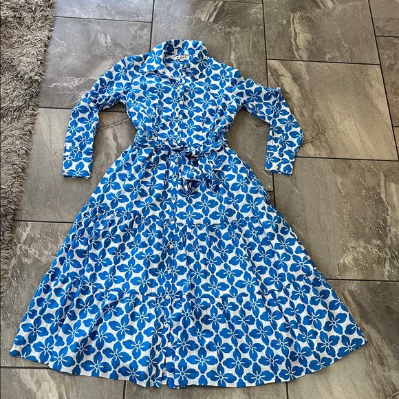 💙 Boden Flo Cotton Midi Shirt Dress Size 12 Indigo Bunting Floral Tile Blue - Picture 3 of 7